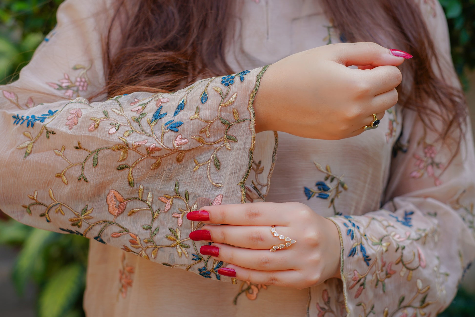 Elegant beige floral embroidered dress for women – modern and modest outfit with intricate details, perfect for casual and semi-formal occasions. Shop trendy and stylish dresses online.