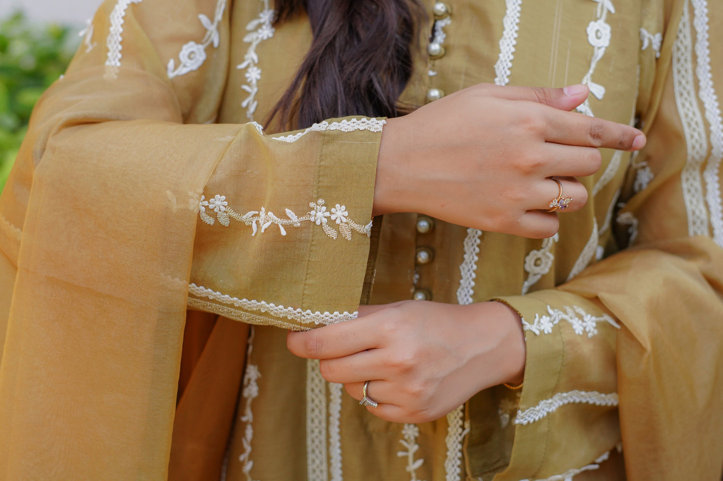 Chic mustard-yellow embroidered dress for women – stylish and modest outfit with vertical patterns, paired with matching pants and dupatta. Perfect for casual, formal, and festive wear. Shop modern modest clothing online.