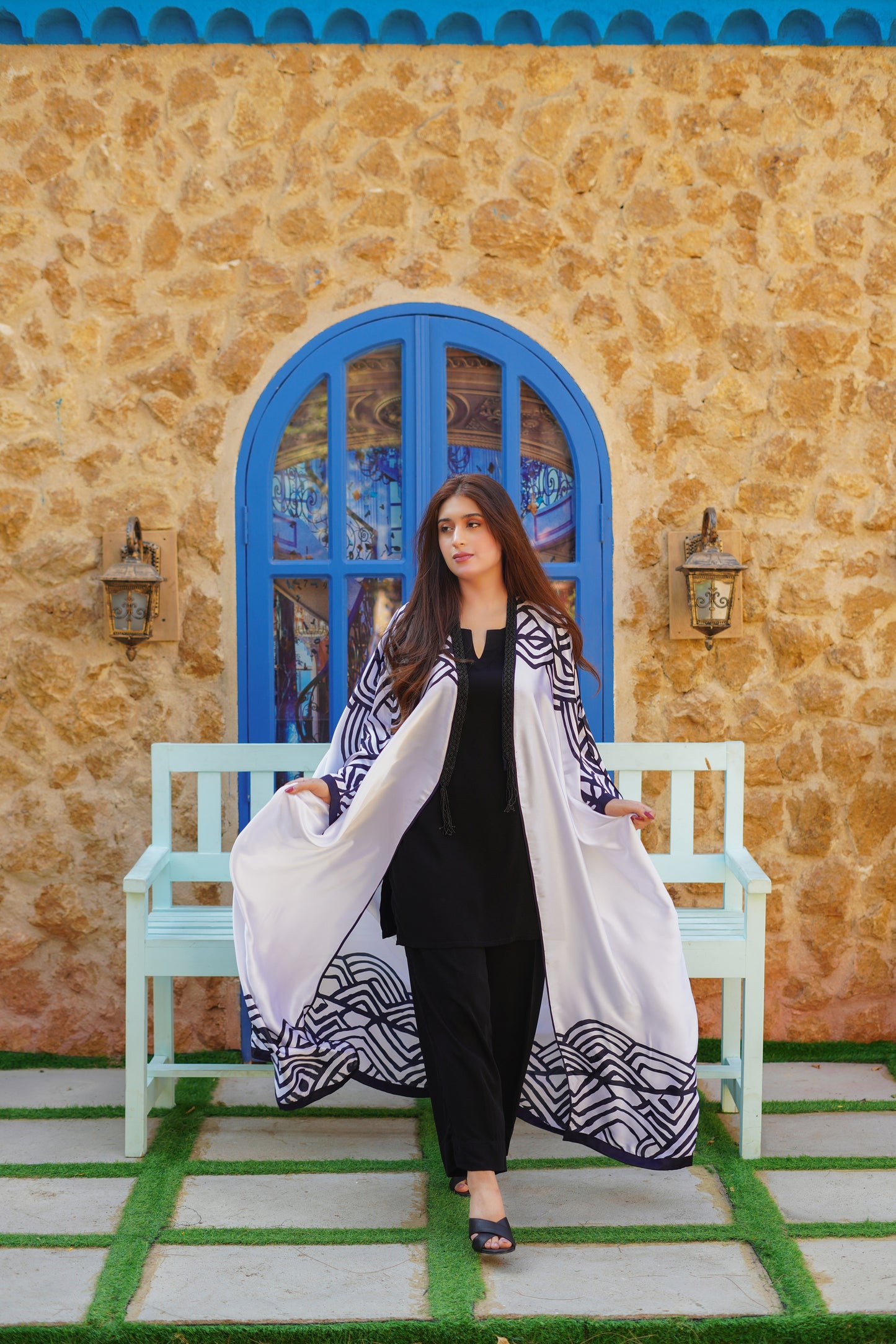 Elegant black and white geometric printed long open-front gown for women – paired with a black inner dress. Perfect for formal, semi-formal, and modest fashion looks. Shop trendy women's clothing online.