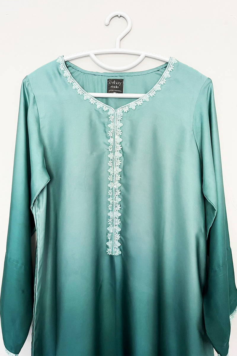 Elegant Seafoam Green Shamoz Silk Kaftan with Intricate Embroidered lace