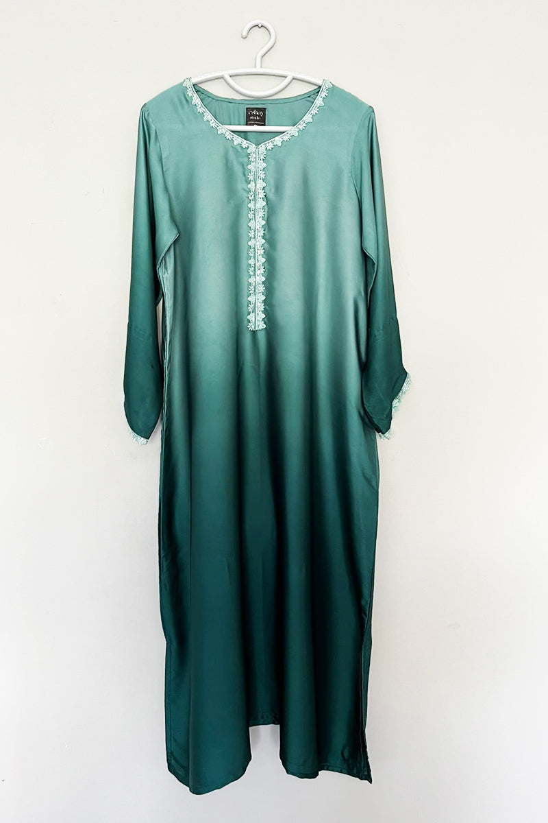 Elegant Seafoam Green Shamoz Silk Kaftan with Intricate Embroidered lace