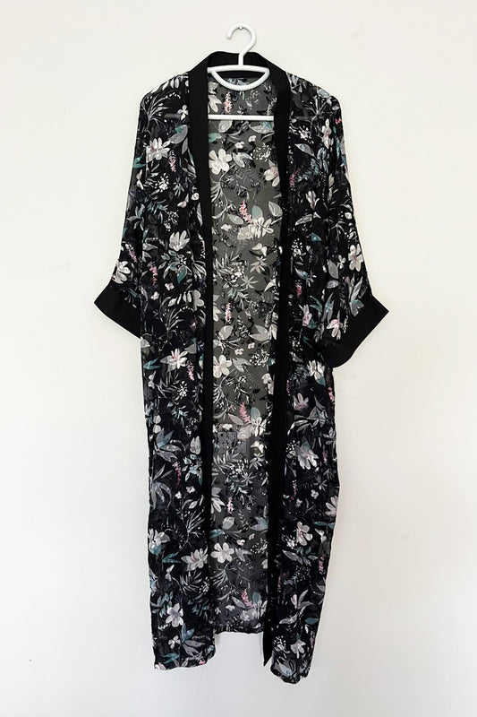 Floral Fantasy Broshia Kimono with Elegant Black Trim